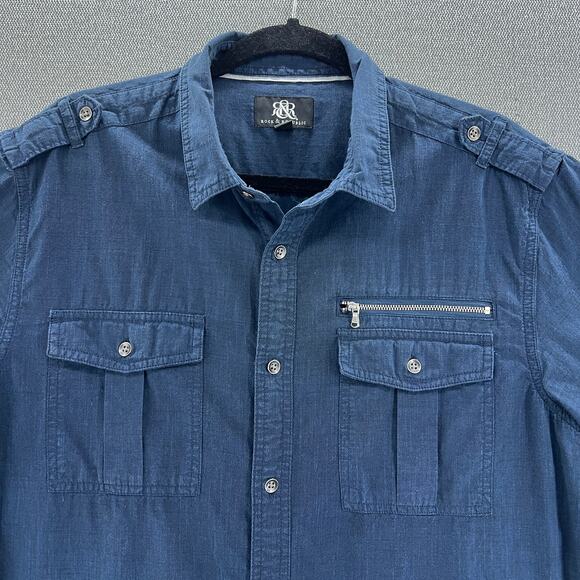 Rock & Republic Mens Blue 100% Cotton Short Sleeve Casual Button Up Shirt Size L - Picture 2 of 8